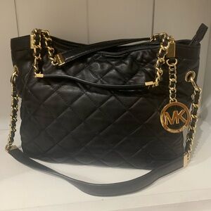 Michael Kors Black Leather Quilted Shoulder Bag with Gold Accents